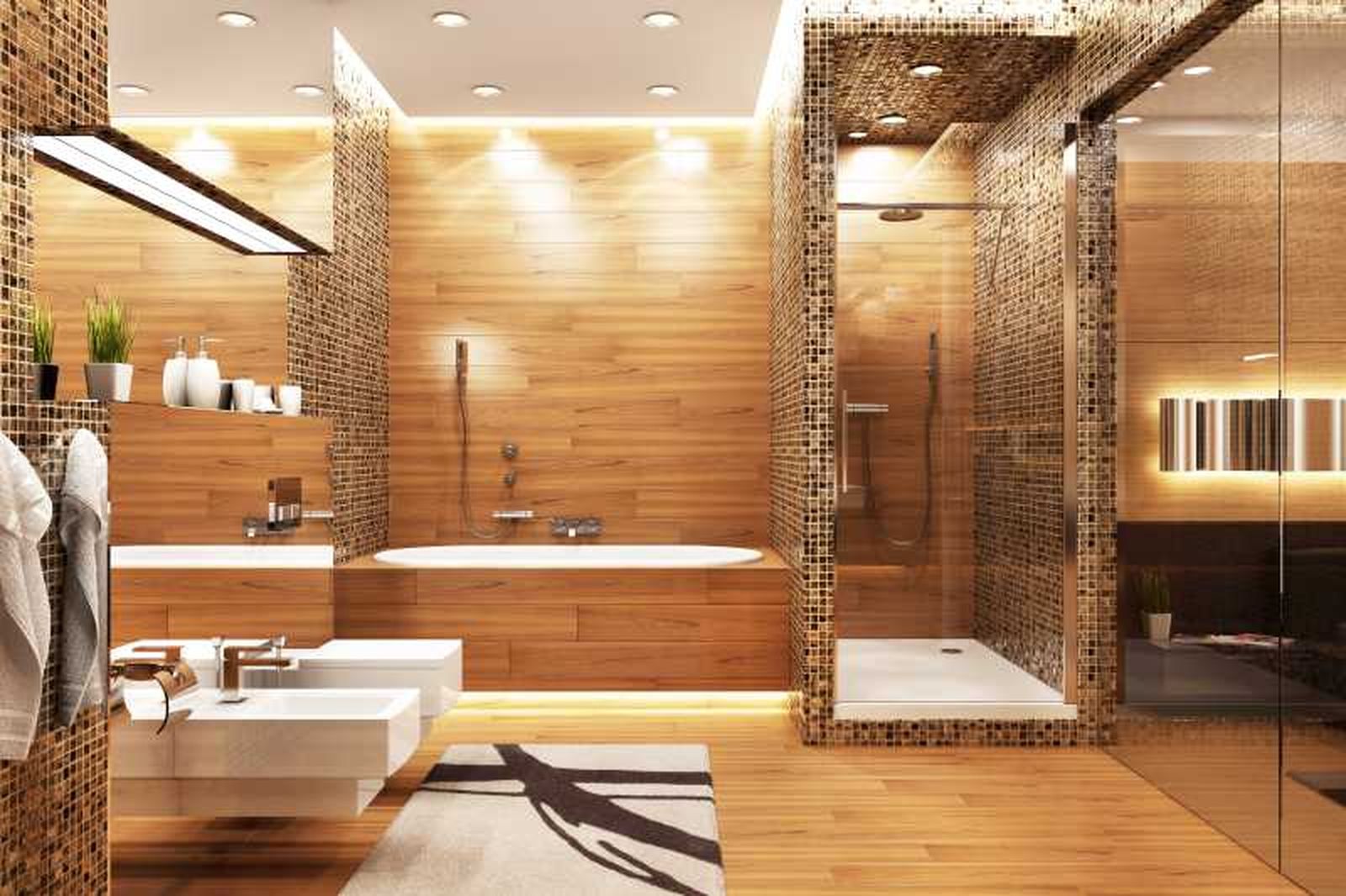 Baño lujoso con revestimiento de madera. Baño lujoso con revestimiento de madera.