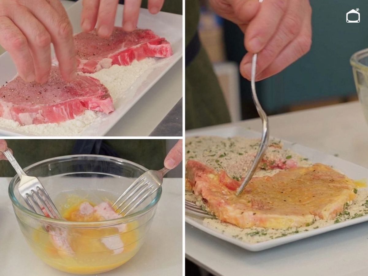 Pasa las chuletas por harina, huevo y pan rallado