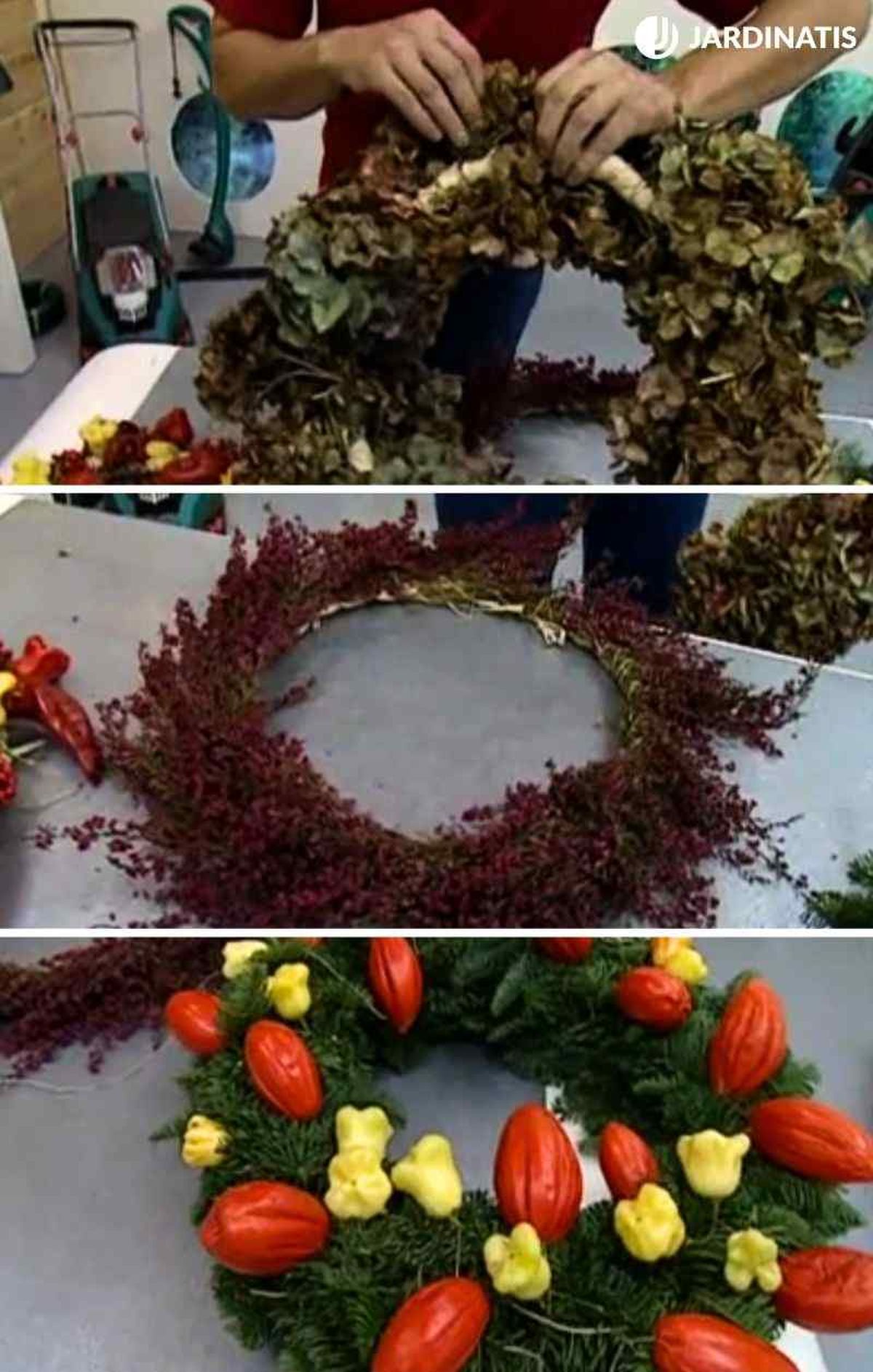 Coronas de navidad de hortensias secas, brezo y calabaza