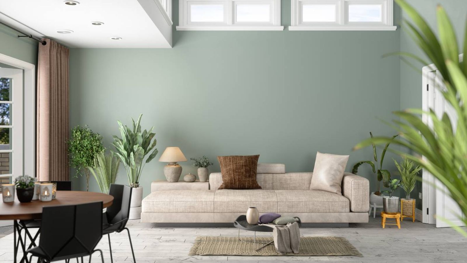 Un salón luminoso y relajante que apuesta por los tonos naturales y la vegetación.