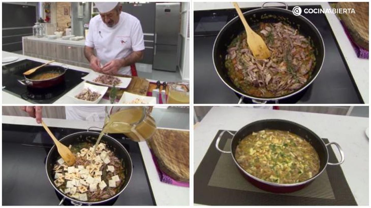 Karlos Arguiñano junta el sofrito, la carne, las tortas y el caldo para elaborar gazpacho manchego