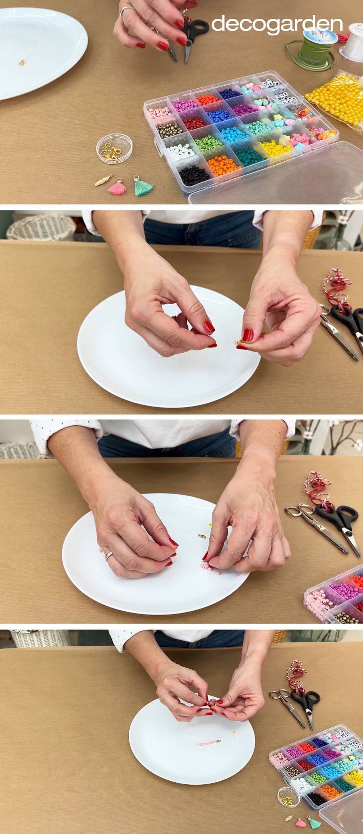 Cómo hacer pulseras de bolitas con flores (pasos 1-4) .