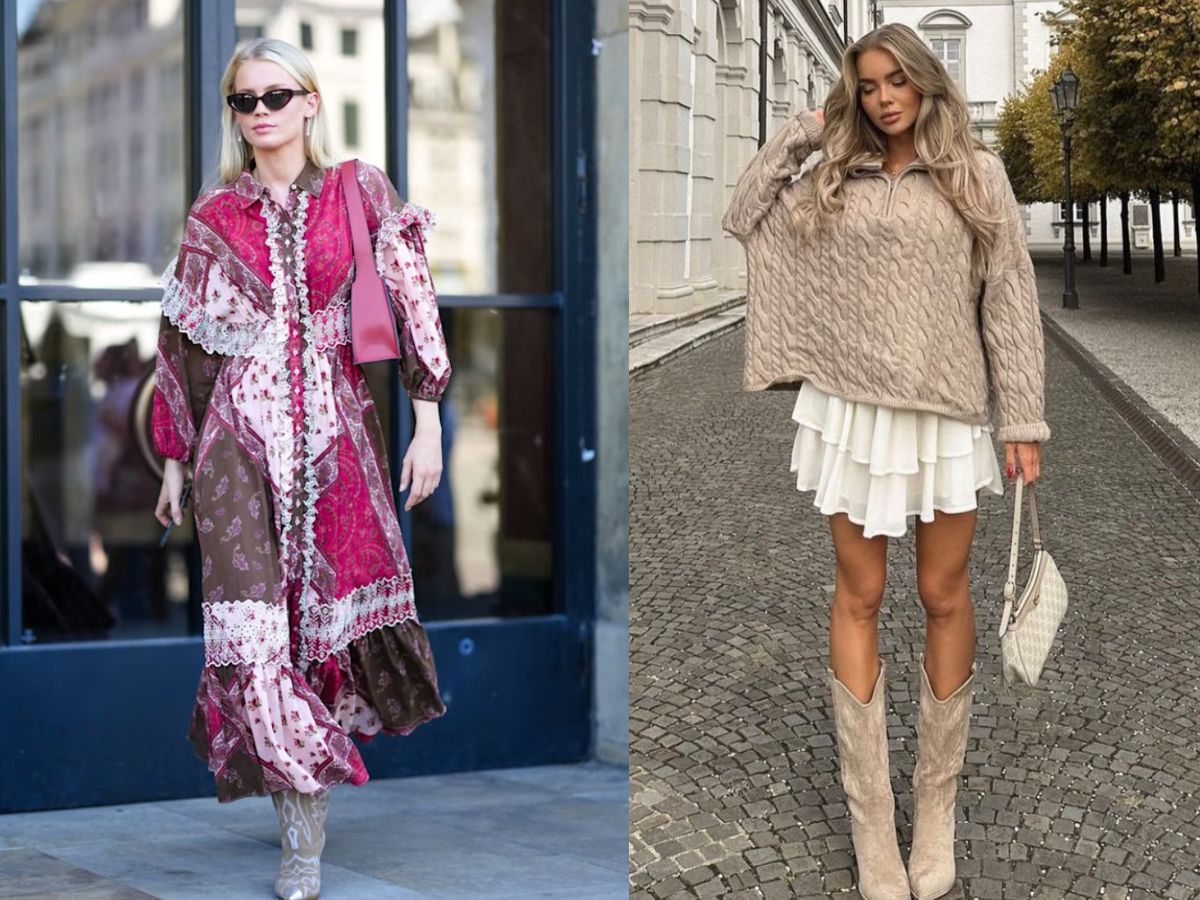 Botas de cowboy con maxi vestido y falda corta con volantes