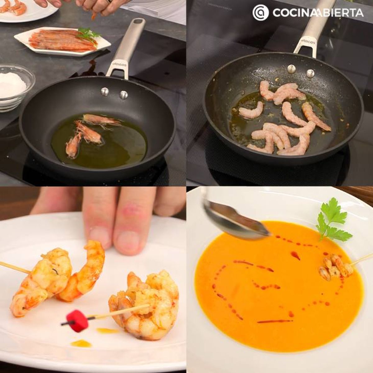 Cómo hacer brochetas y aliño de gambas para sopa fría de calabaza y naranja
