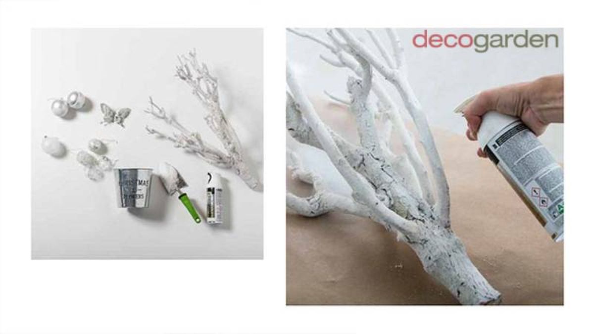 Pintar las ramas de blanco para hacer el árbol de Navidad.