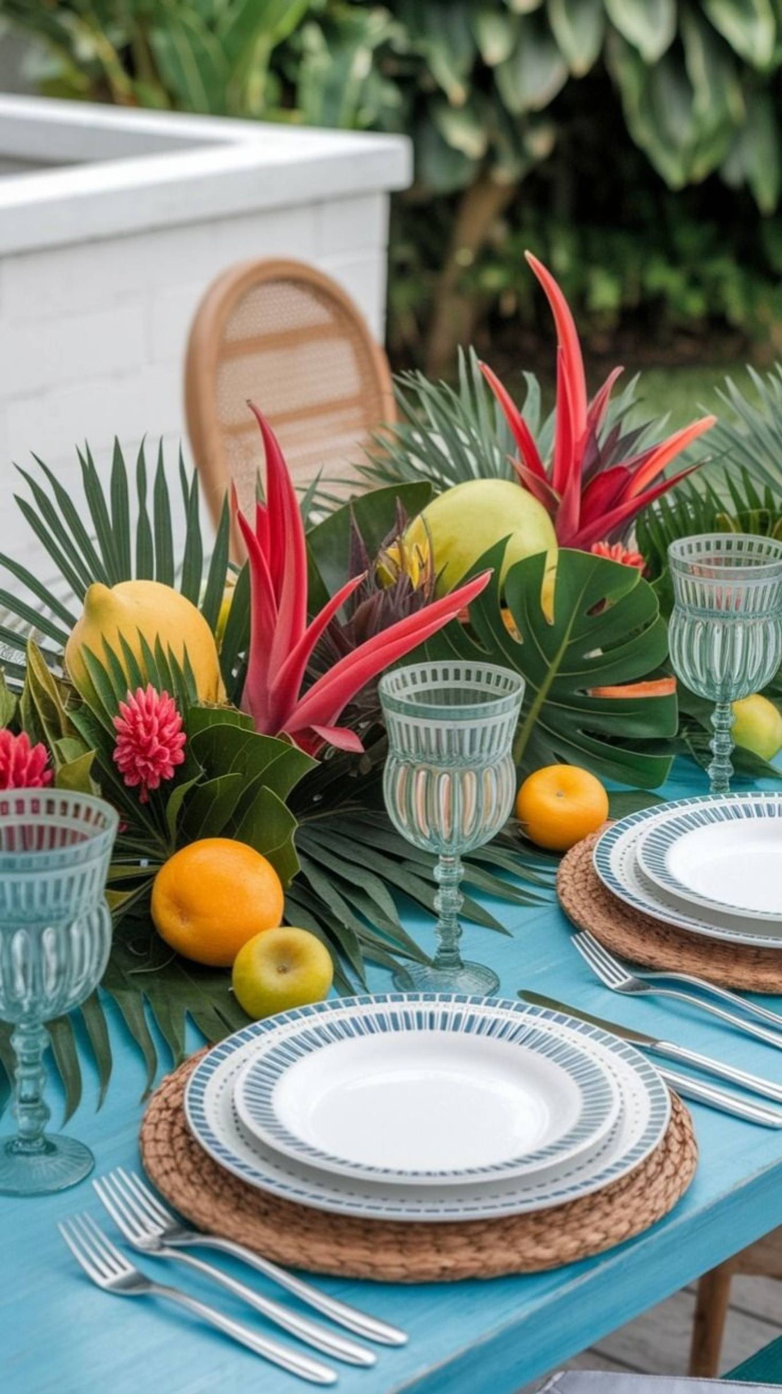Centro de mesa con piña, mango y papaya como decoración