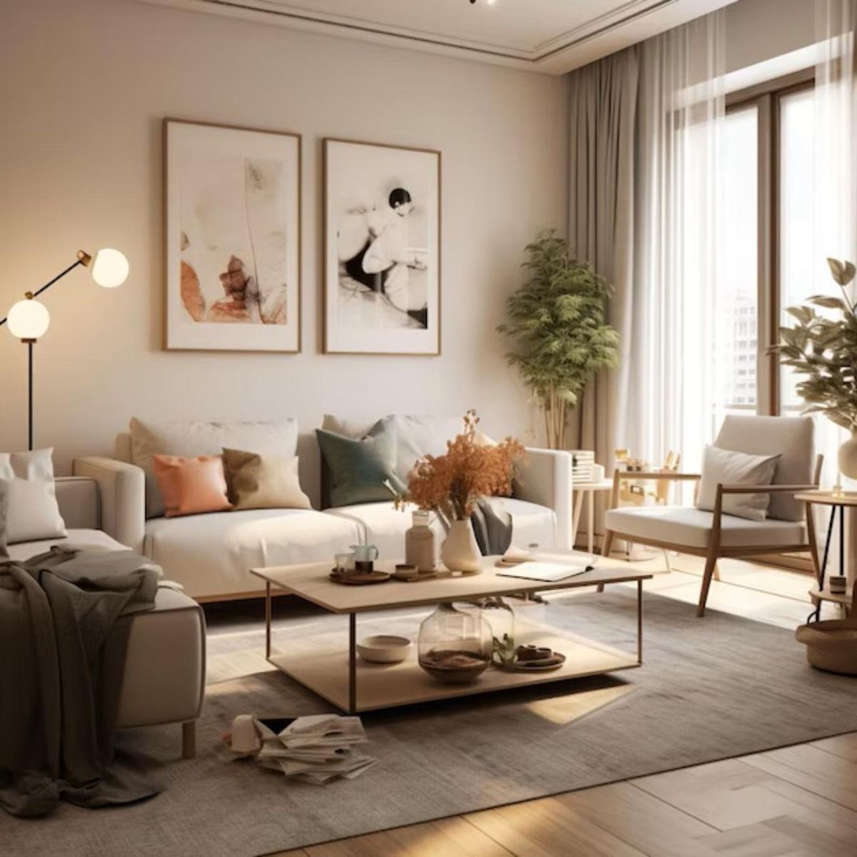 Salón acogedor con decoración cálida.