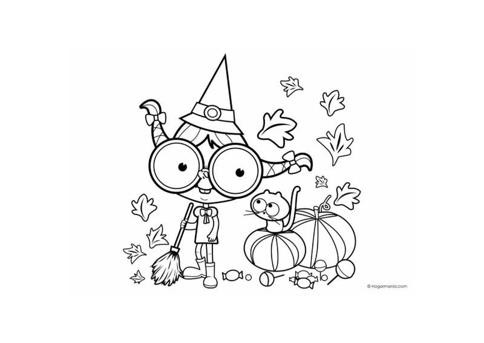 Dibujo otoñal para colorear de una bruja con gato y calabazas. Dibujo otoñal para colorear de una bruja con gato y calabazas.