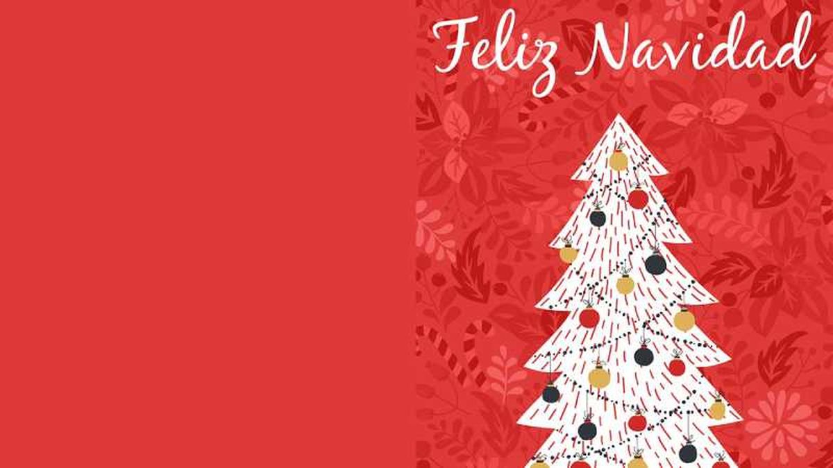 Postal navideña roja con árbol de Navidad.