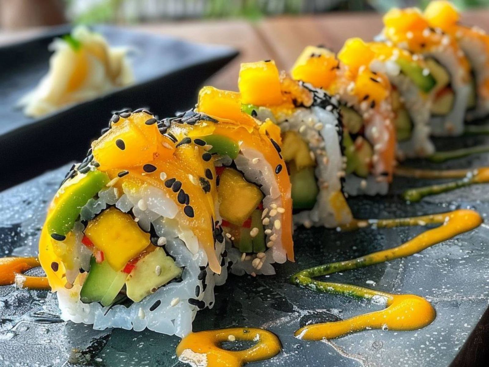 El uramaki se reinventa con frutas tropicales como el mango. El uramaki se reinventa con frutas tropicales como el mango.