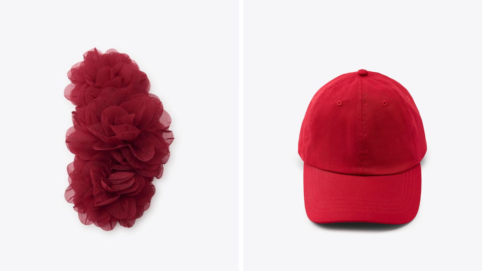 Pinza con flores de organza y gorra roja Pinza con flores de organza y gorra roja
