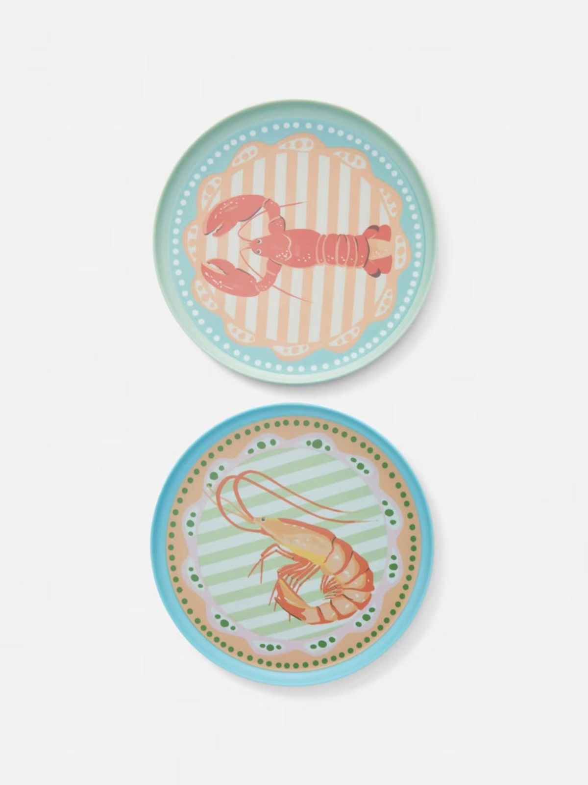Pack de dos platos con estampado de langosta y langostino.
