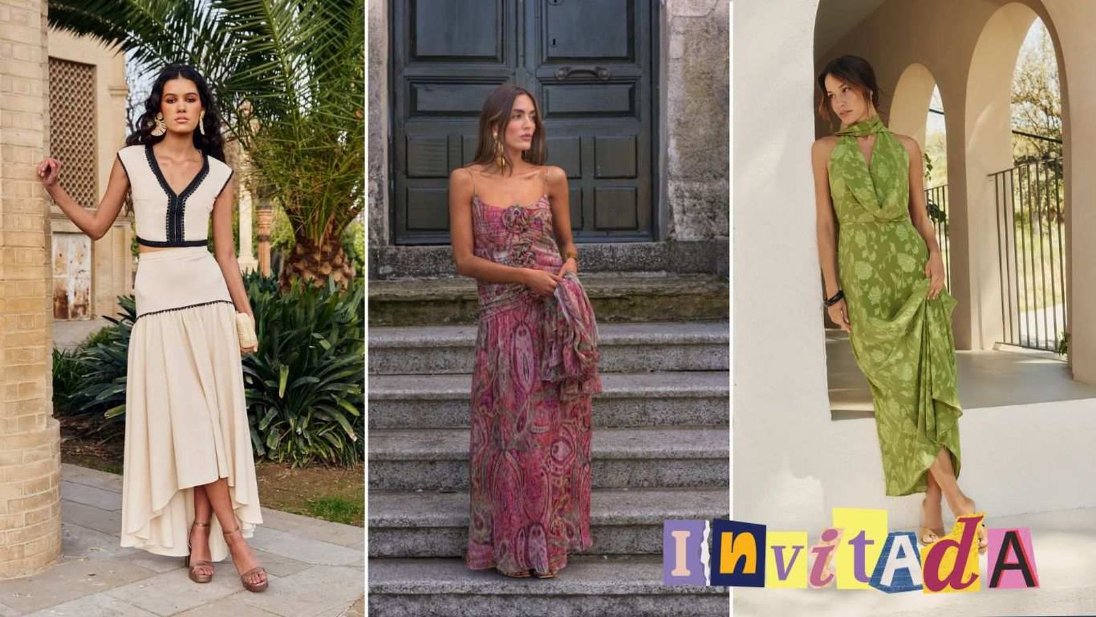 Encuentra tu look de invitada de boda en este listado. / Fotos: Miphai Collection, Mannit y Aware Barcelona.