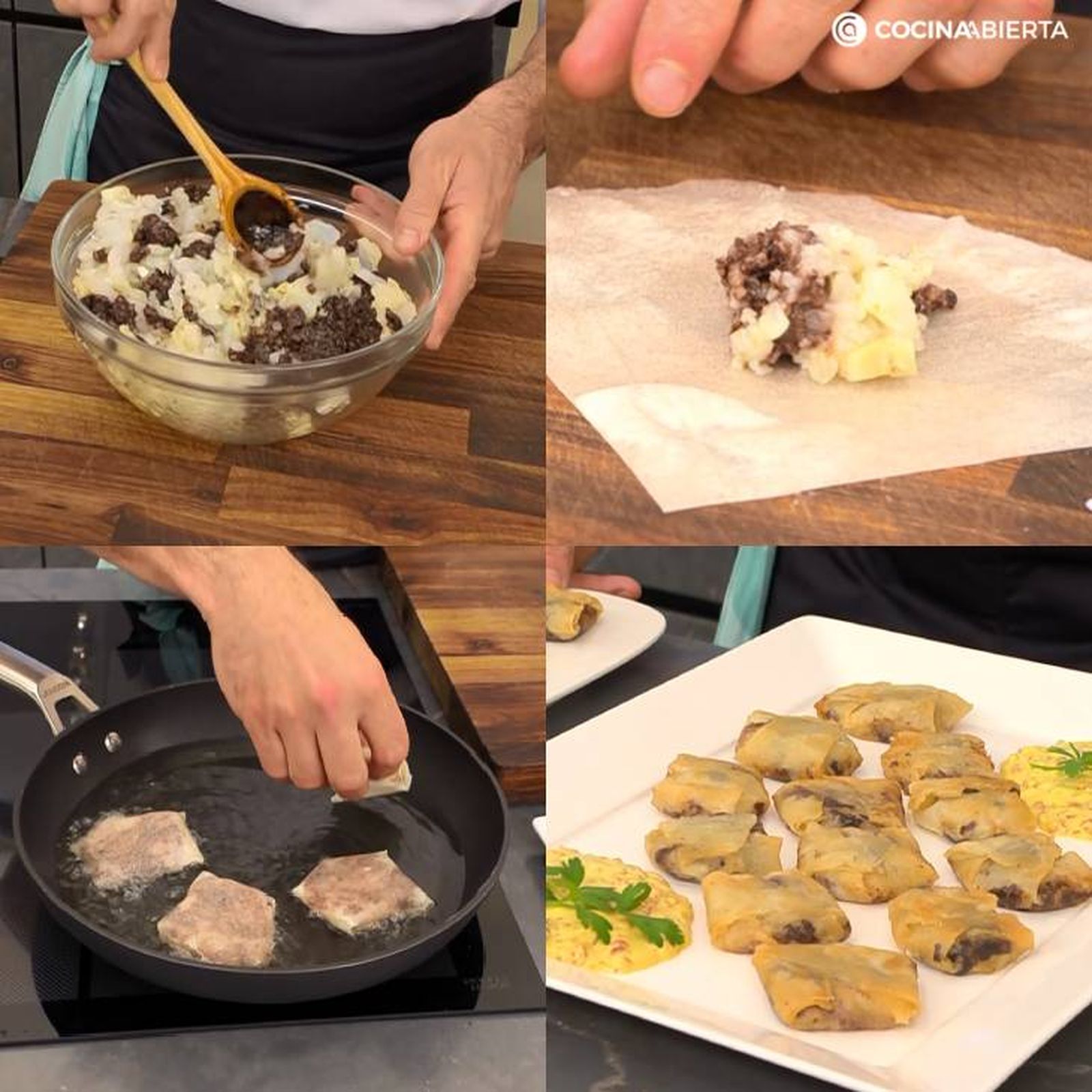 Paso a paso para hacer bombones de bacalao y morcilla con pasta brick Paso a paso para hacer bombones de bacalao y morcilla con pasta brick