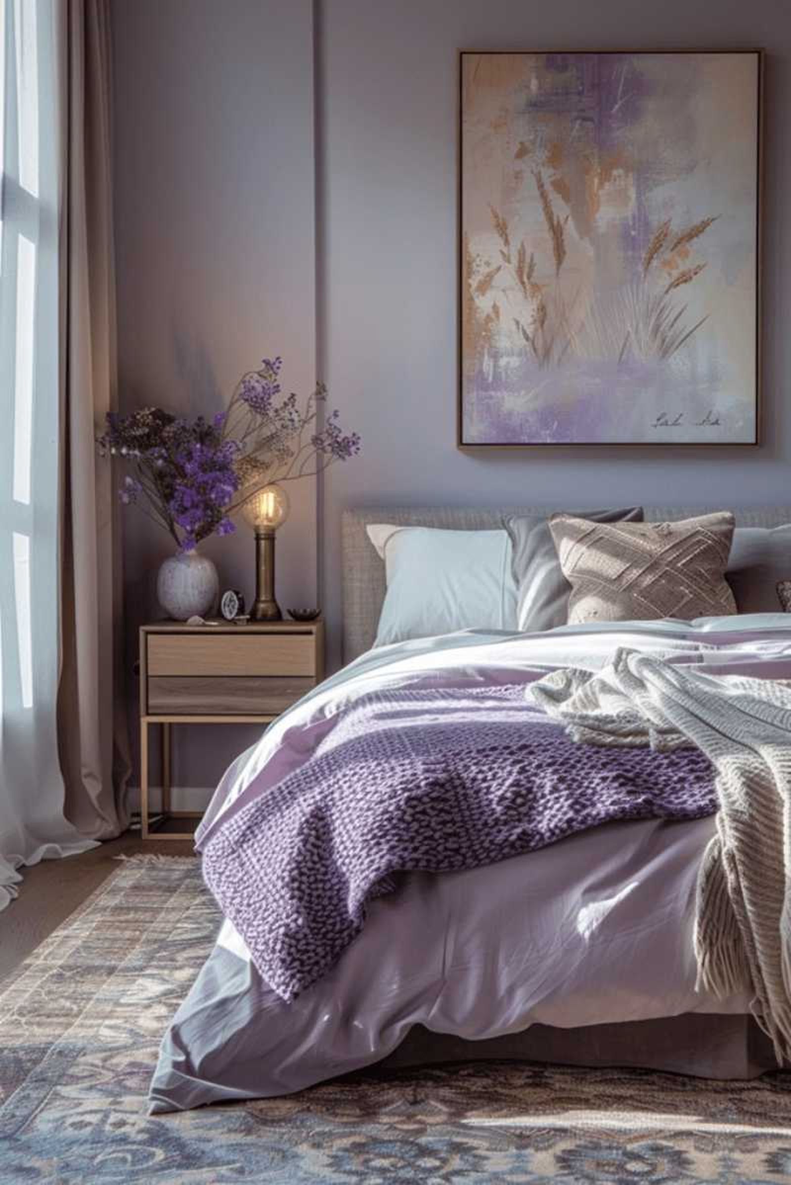 Dormitorio decorado en lila.