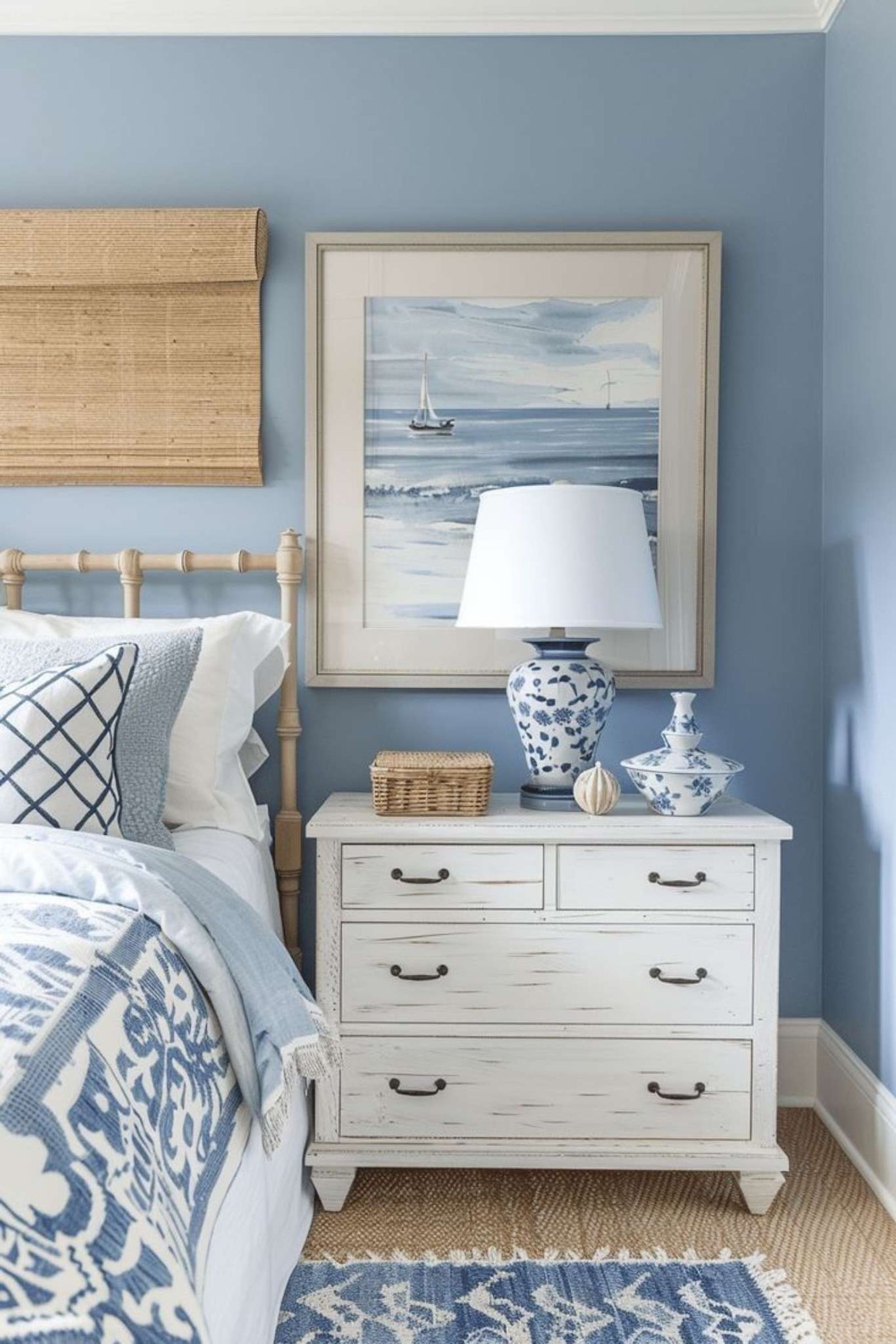 Dormitorio en tonos azules suave.