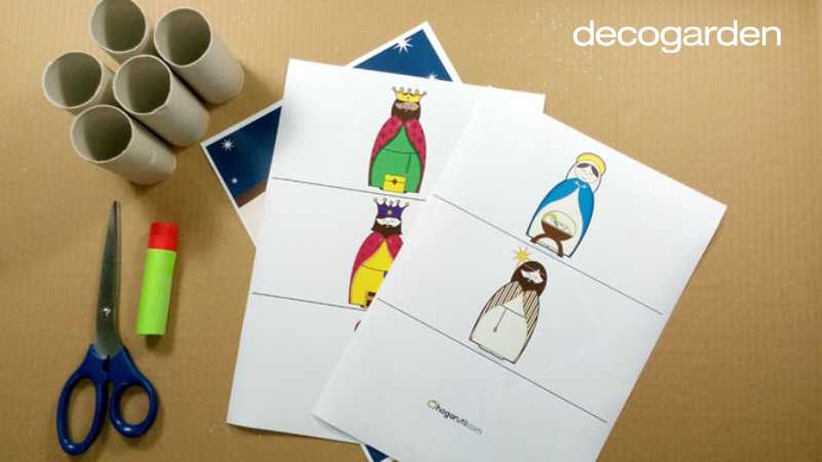 Materiales e ilustraciones hacer un Belén con rollos de papel higiénico.