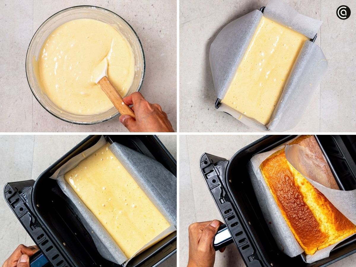 Pasa la mezcla al molde y hornea el bizcocho en la freidora de aire