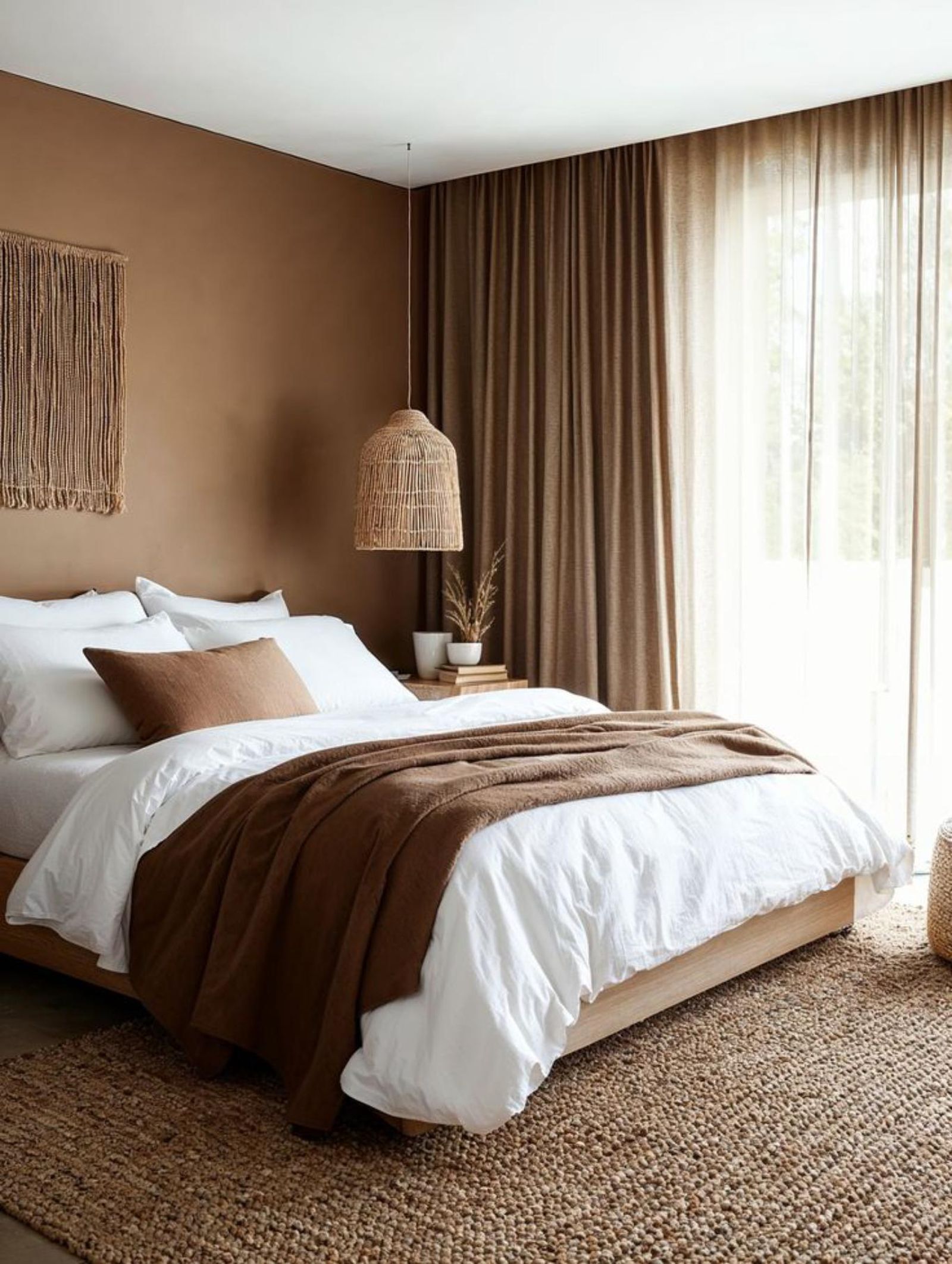 Dormitorio acogedor con pared mocha mousse. Dormitorio acogedor con pared mocha mousse.