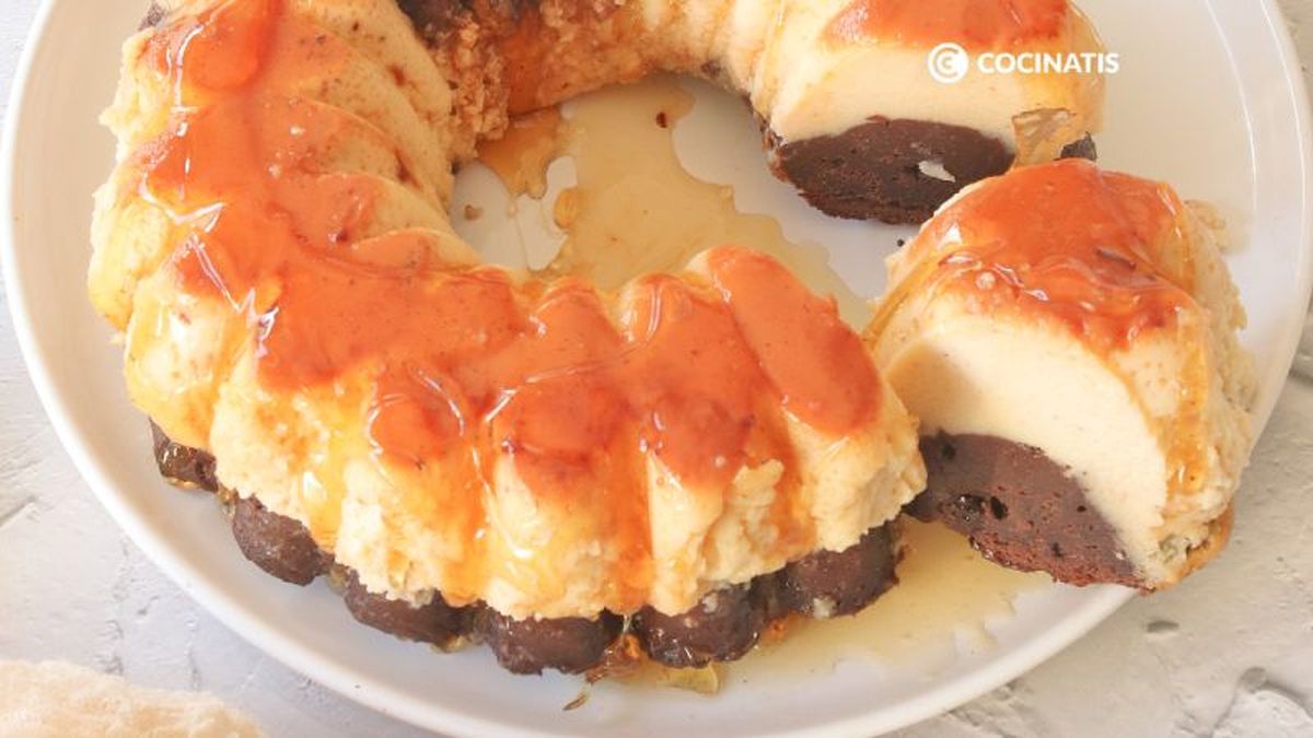 Chocoflan de brownie y flan