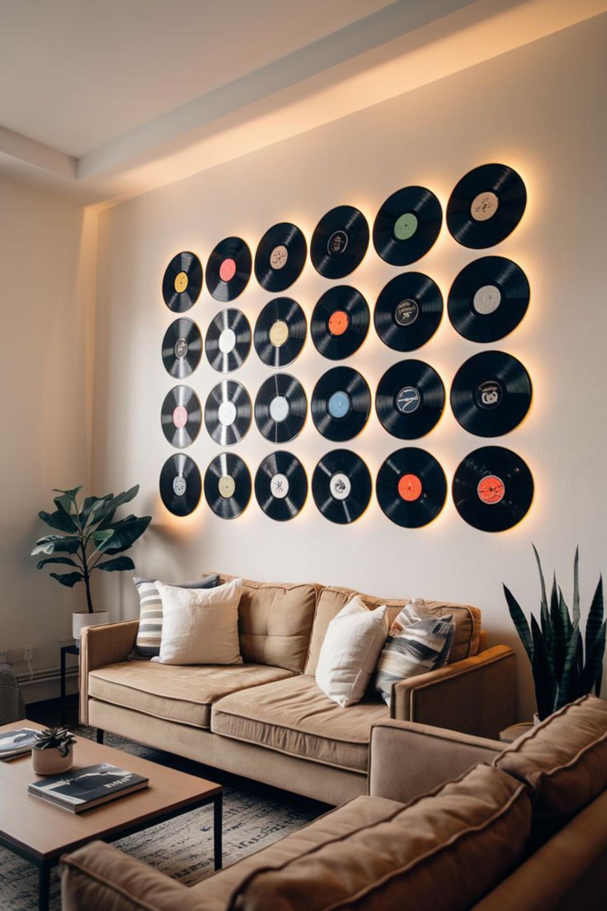 Pared del salón decorada con discos de vinilo.