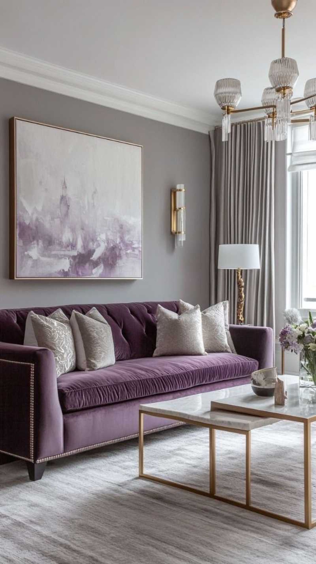 Salón acogedor con sofá violeta.