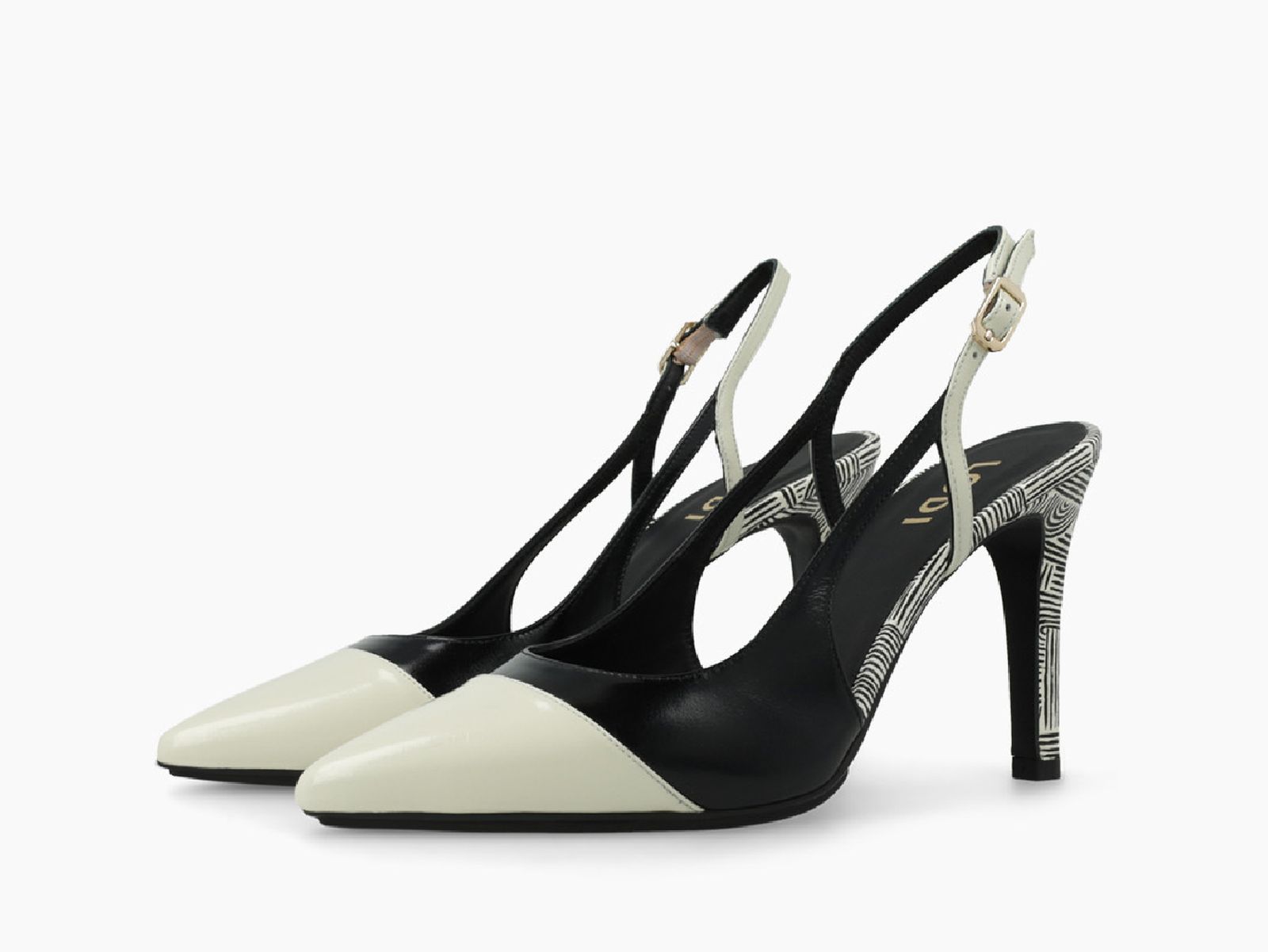 Zapato de salón destalonado blanco y negro