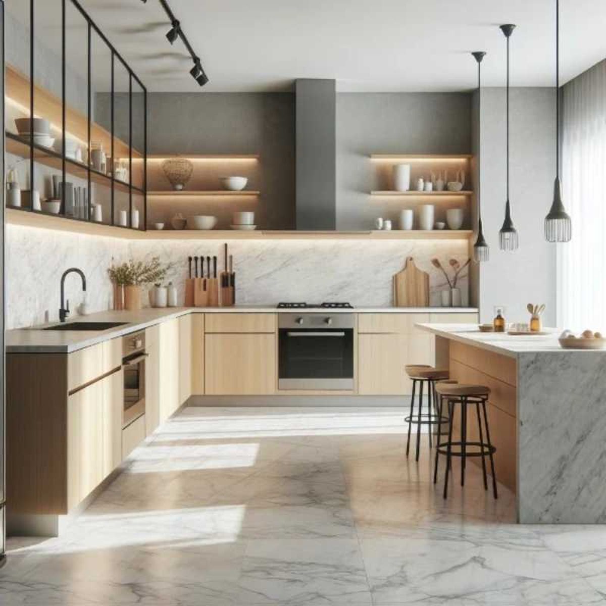 Cocina acogedora con suelo de mármol.