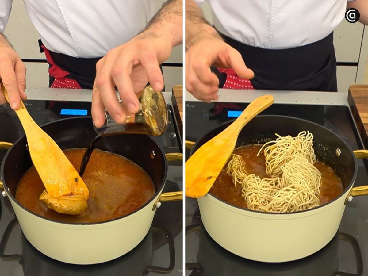 Cocina los noodles en el caldo