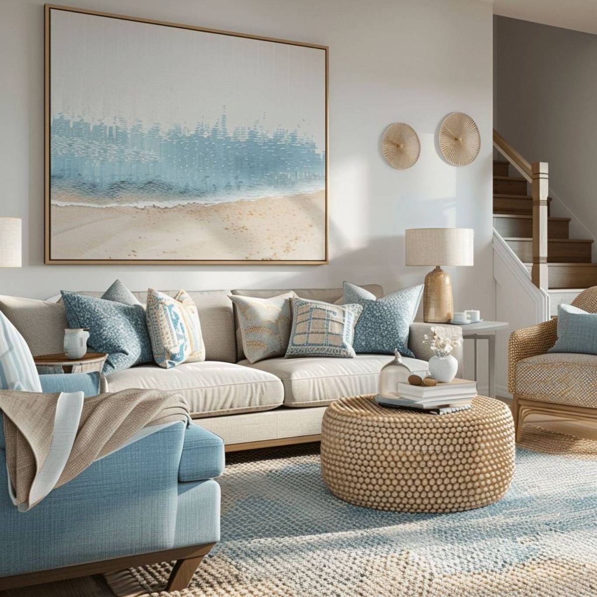 Salón con cuadro grande decorado en tonos beiges y azules de estilo coastal.