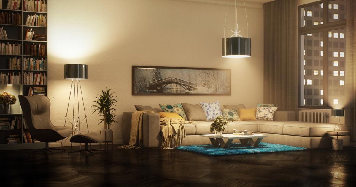 Salón moderno con lámparas de estilo industrial.