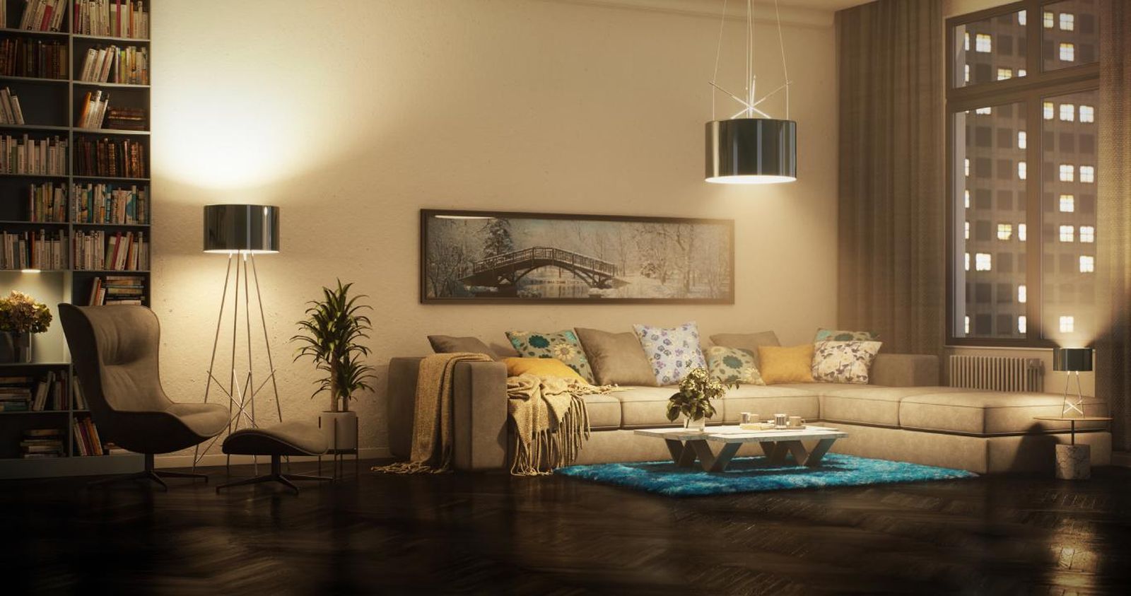Salón moderno con lámparas de estilo industrial. Salón moderno con lámparas de estilo industrial.