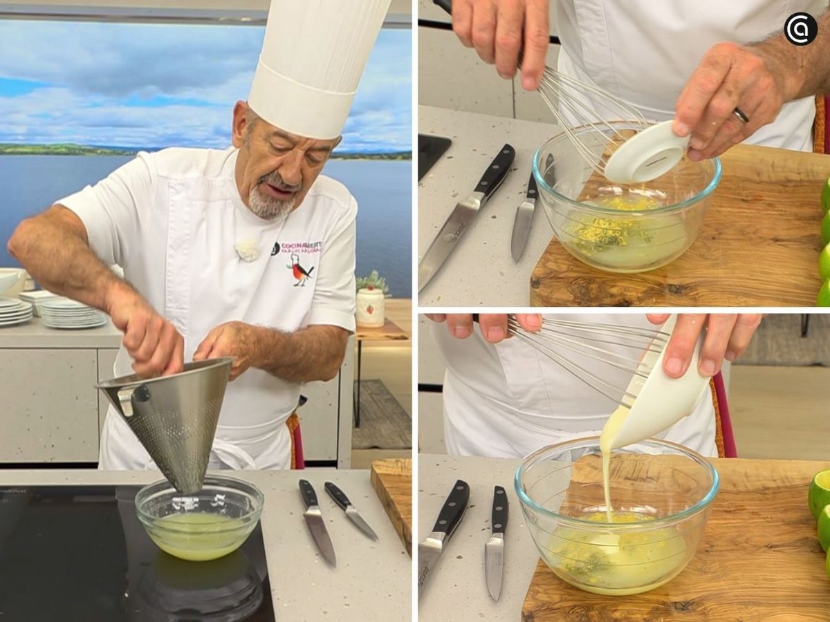 Une la leche condensada con el zumo de lima y la ralladura hasta obtener una crema homogénea