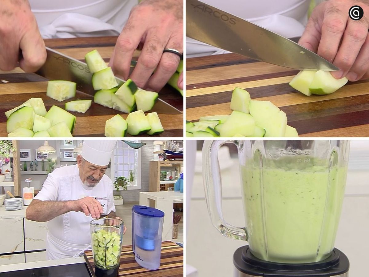 Tritura el pepino, la manzana y el resto de ingredientes hasta obtener una crema