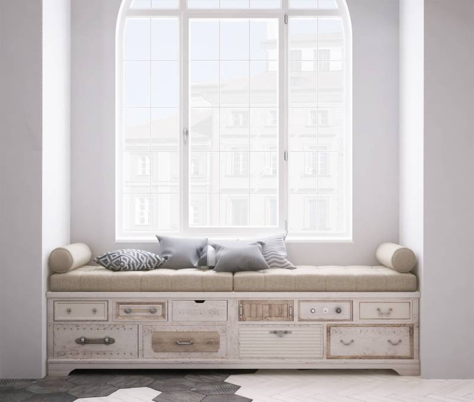 Ventana con sofá con almacenamiento. Ventana con sofá con almacenamiento.