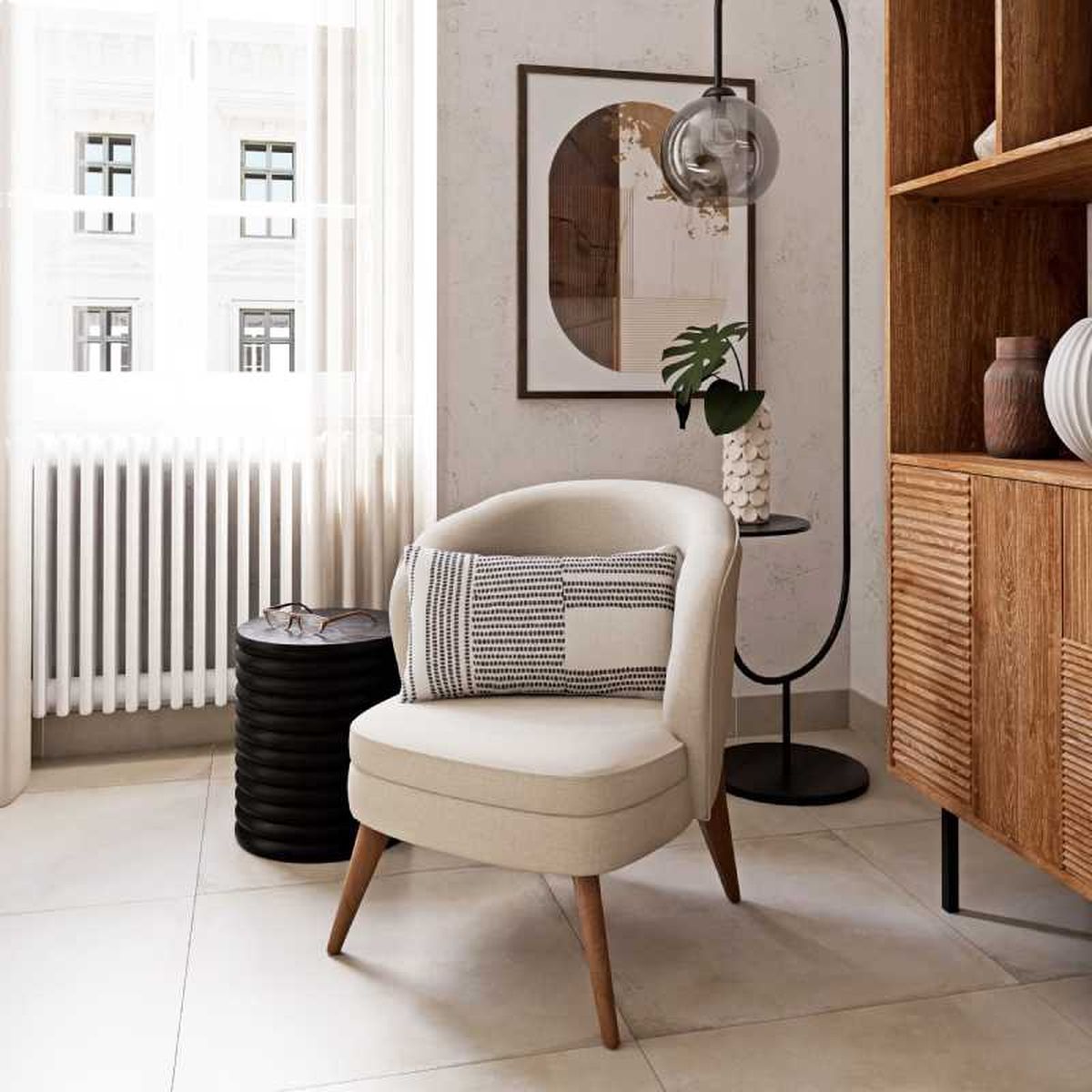 Salón pequeño con suelo de madera y decoración gris.