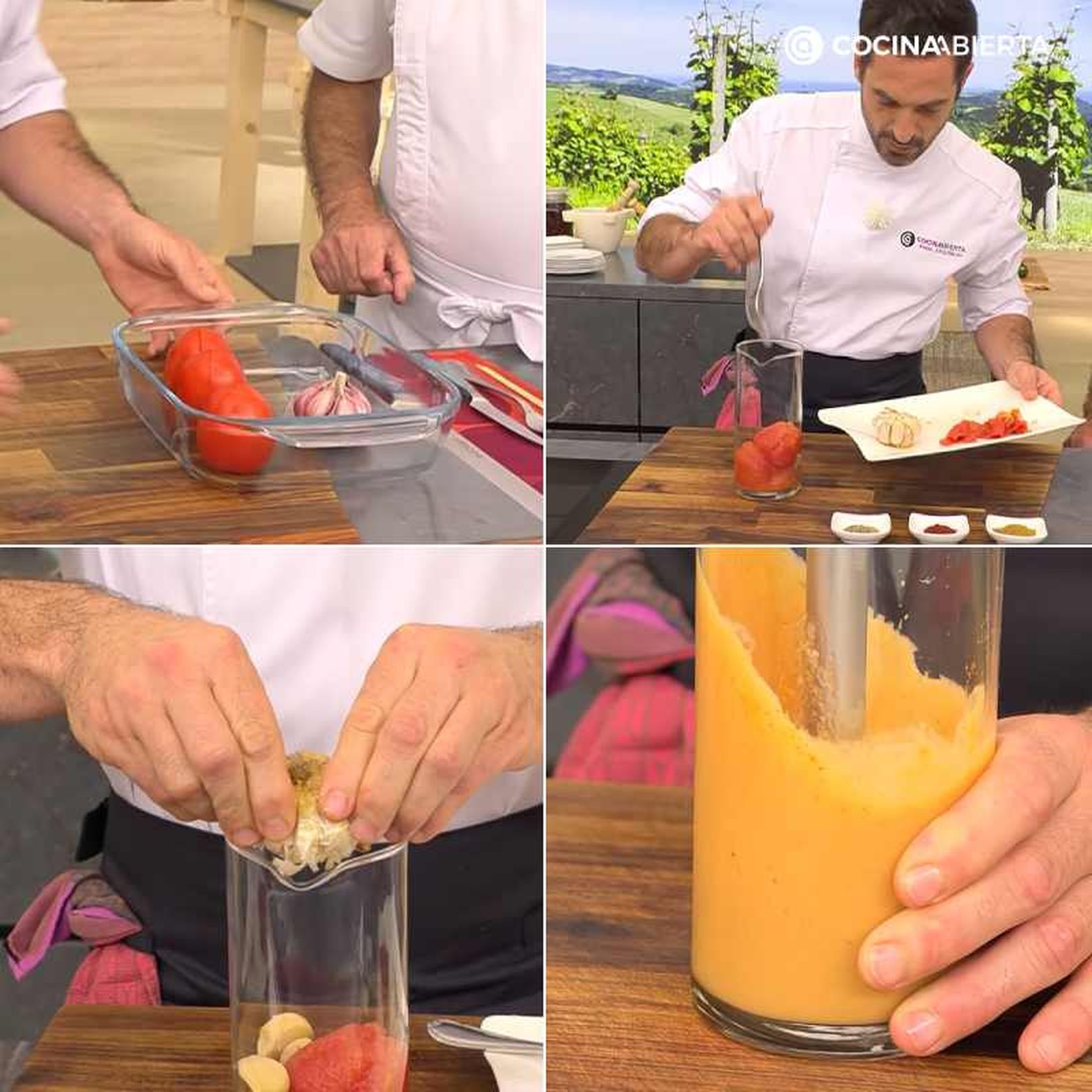 Asa los tomates y los ajos; luego, tritúralos con especias Asa los tomates y los ajos; luego, tritúralos con especias
