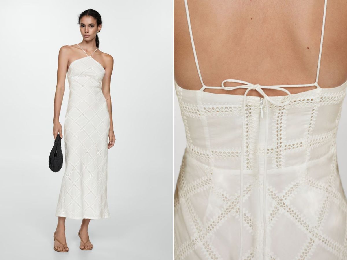 Vestido midi bordado cuello halter de Mango.