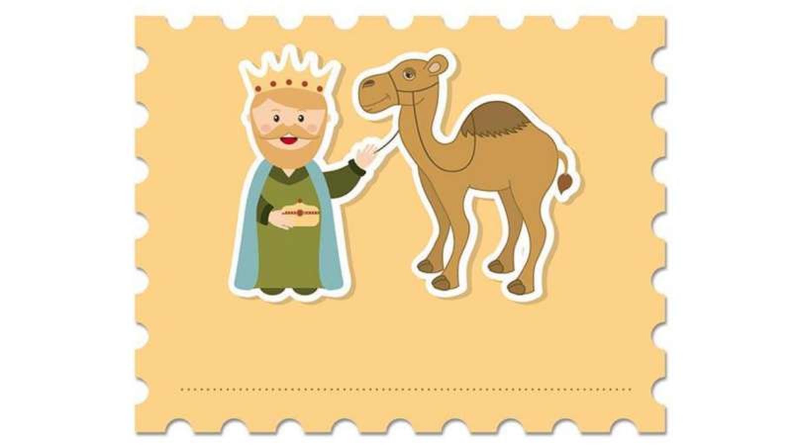 Etiqueta del Rey Gaspar con camello para personalizar los regalos de Reyes.