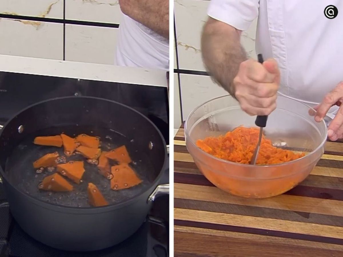 Cuece la calabaza y aplástala con ayuda de un pasapurés, una cuchara o un tenedor