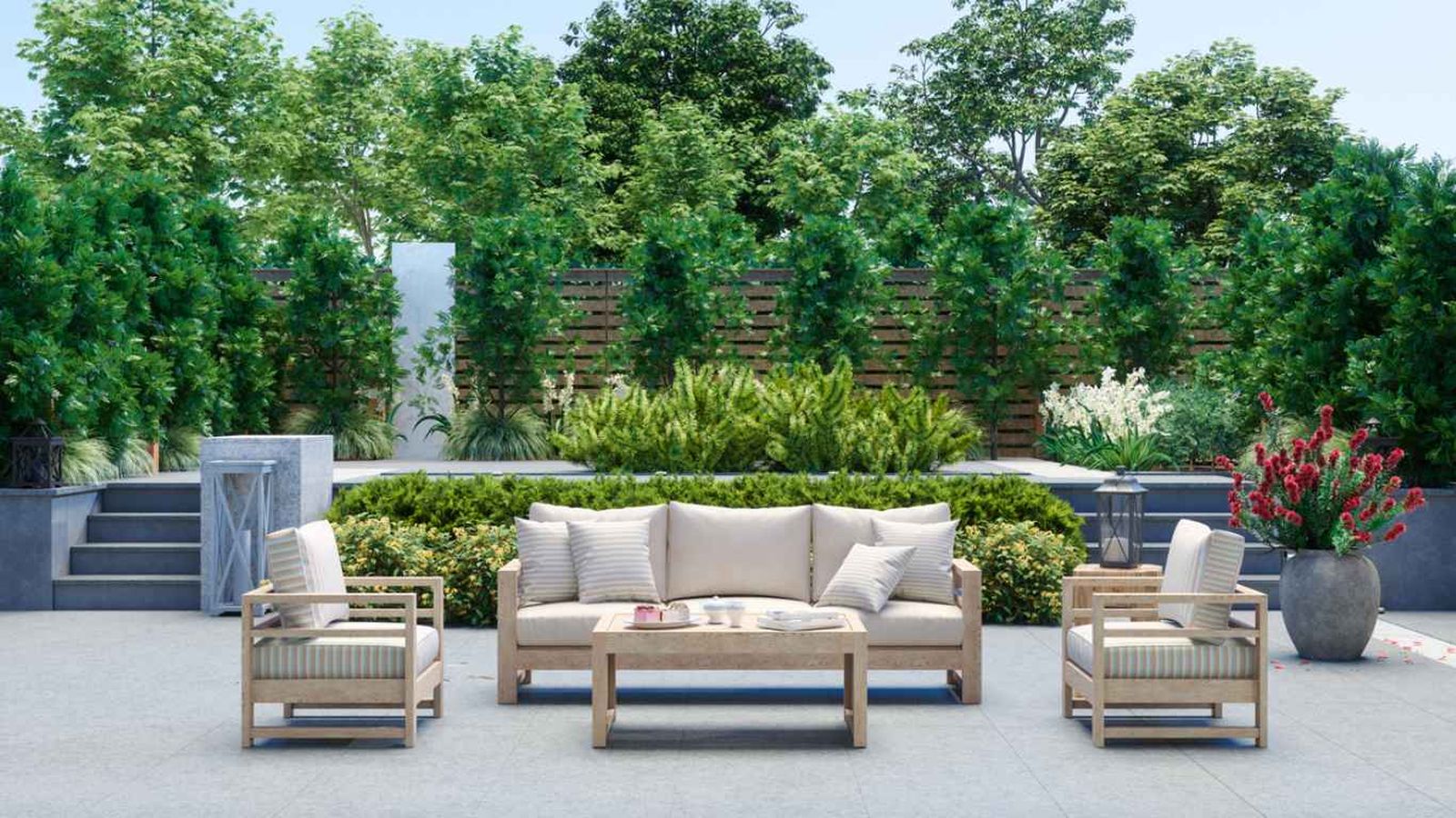 Patio moderno con sofá, sillones, mesa de café y fondo con vista al jardín Patio moderno con sofá, sillones, mesa de café y fondo con vista al jardín