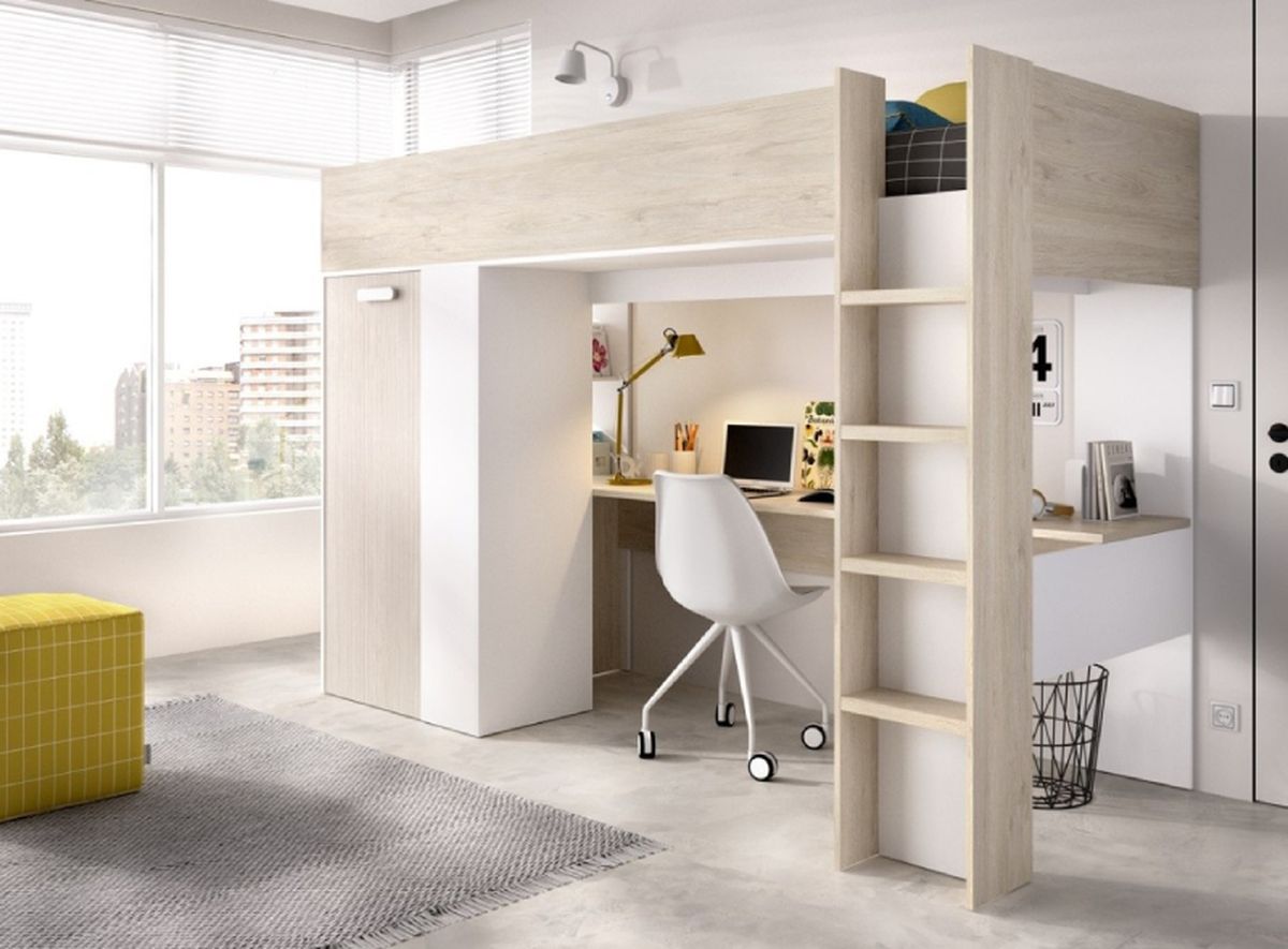 Habitación juvenil con escritorio bajo una cama alta.