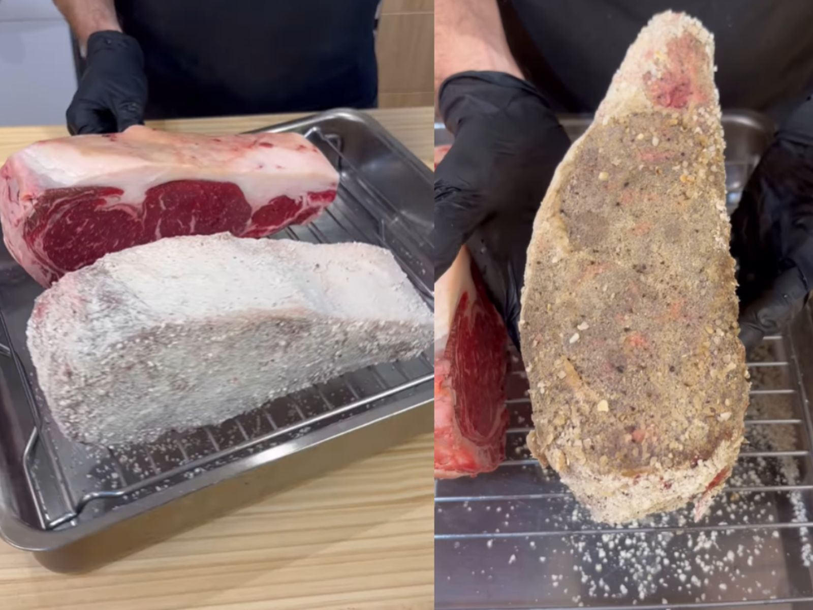 Comparativa de piezas: por un lado carne al natural y tras madurarse con koji. Comparativa de piezas: por un lado carne al natural y tras madurarse con koji.