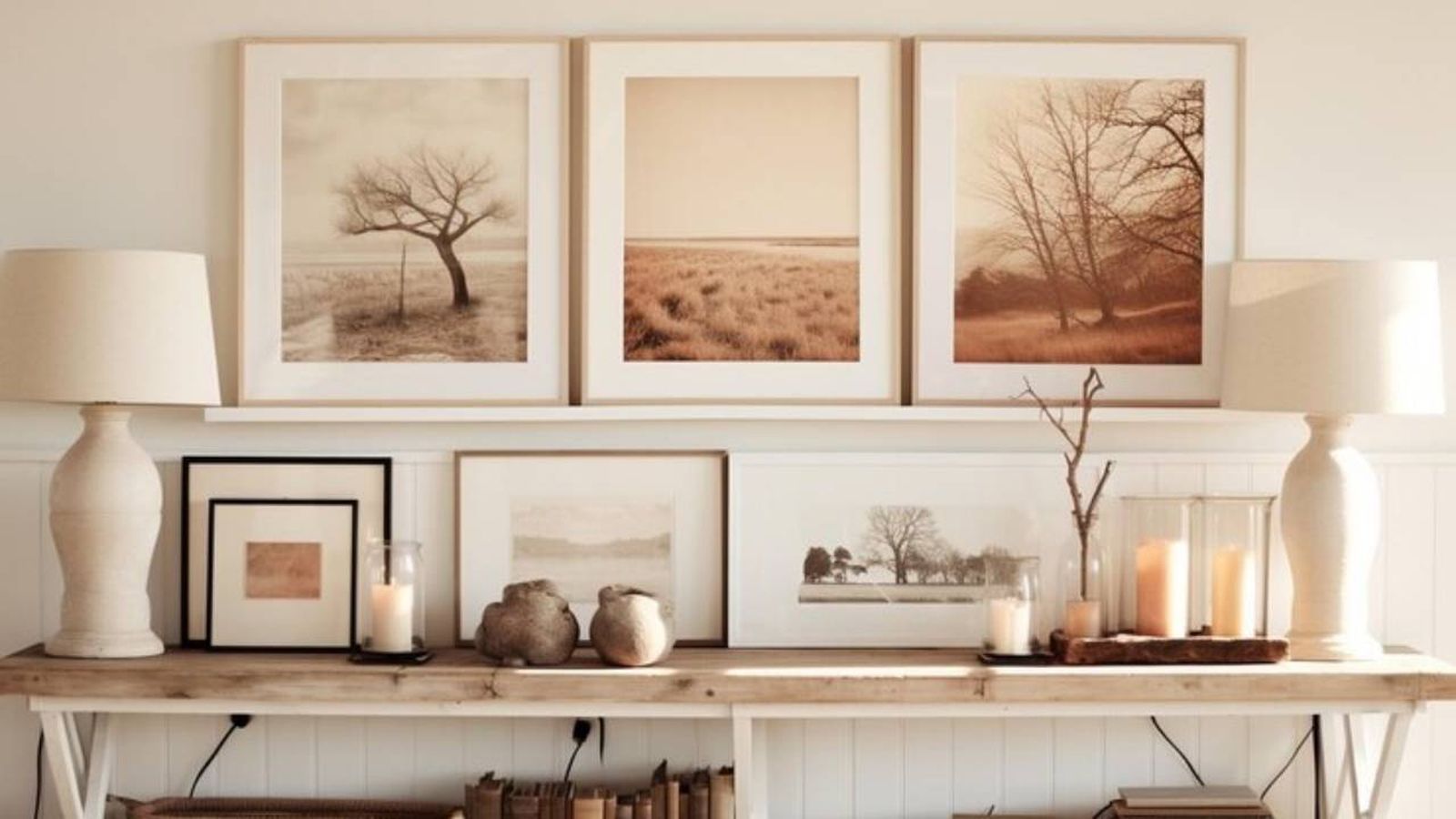 Mueble decorado con fotos de paisajes.