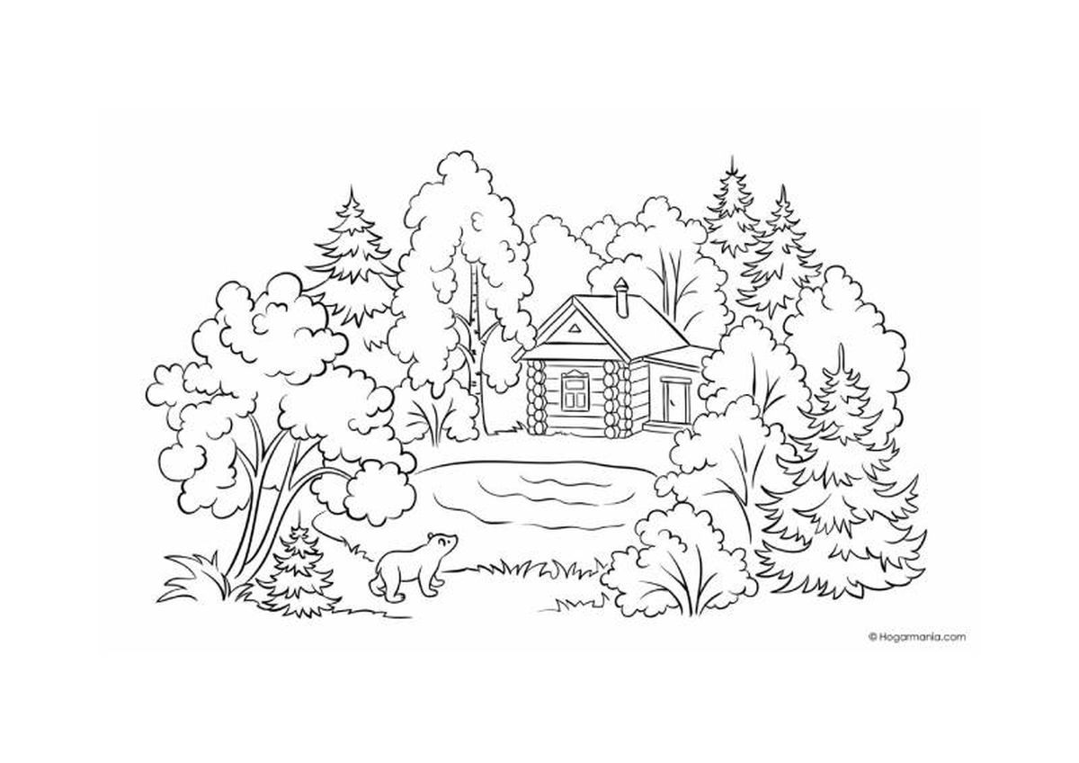 Dibujo para colorear otoñal de una cabaña con un lago.