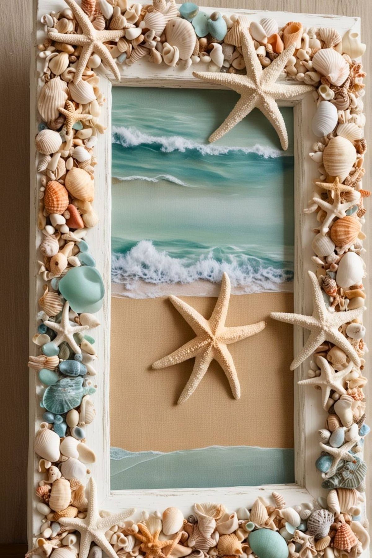Marco decorado con conchas y estrellas de mar.