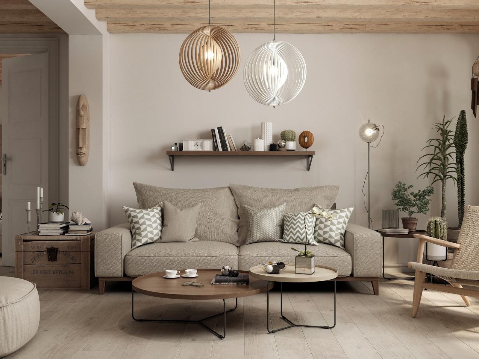 Salón ecléctico con decoración beige de distintas épocas.