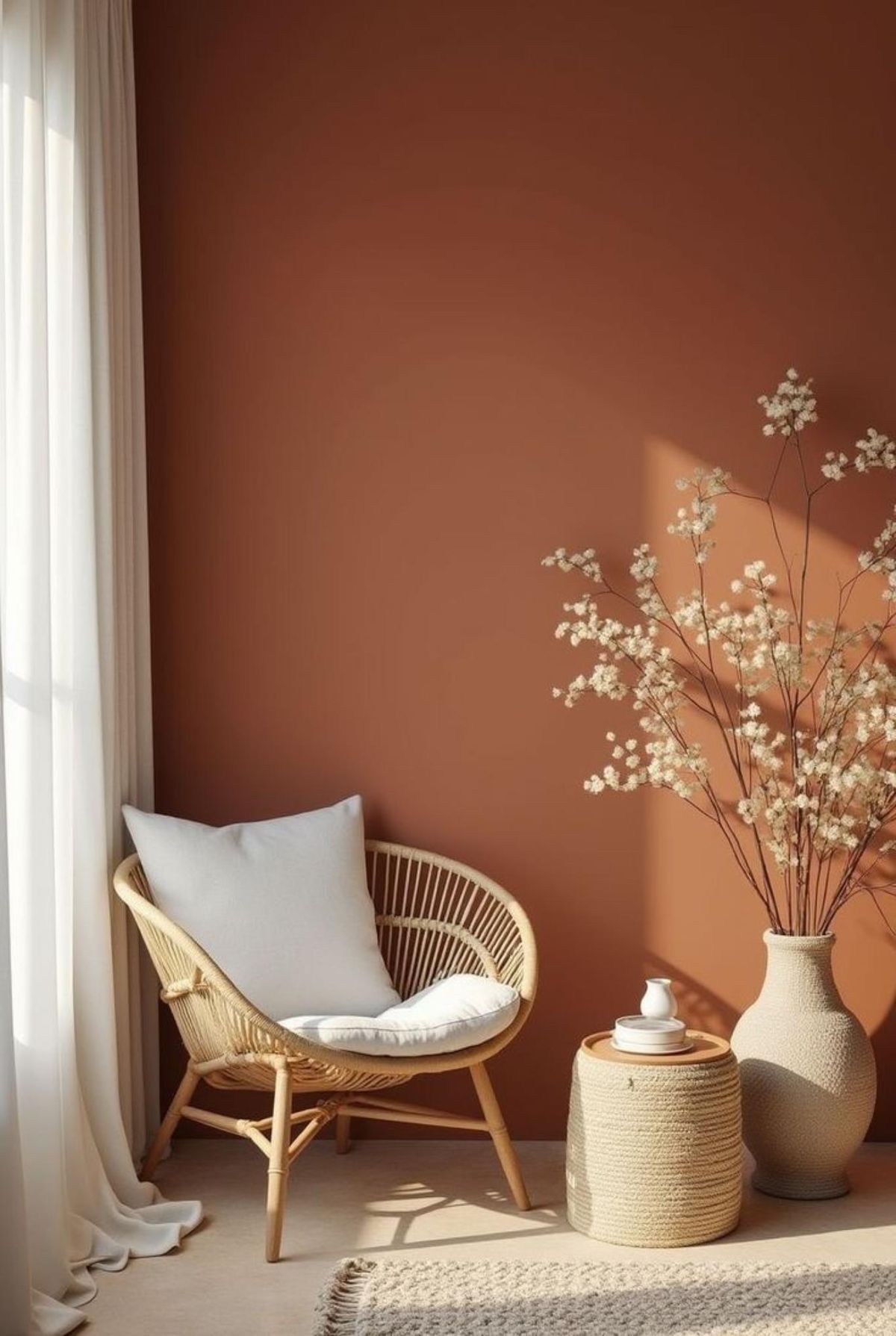 Rincón del salón con suelo de madera y pared de terracota.