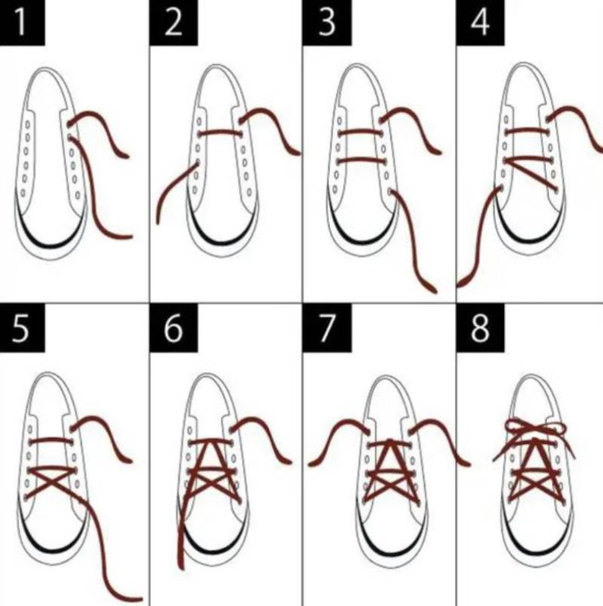 Infografía paso a paso para atar los cordones en forma de estrella.