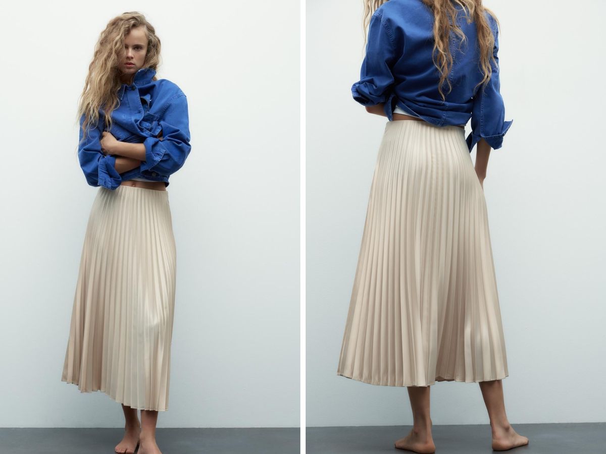 Falda midi plisada marfíl